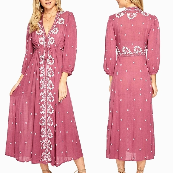 NEW🌺 Free People Embroidered Floral Fable Midi Dress Pink Ivory XS - Picture 1 of 13